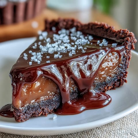 Ein reichhaltiger dunkler Schokoladenkuchen mit seidiger Salzkaramellschicht und einer Prise flockigem Meersalz.  