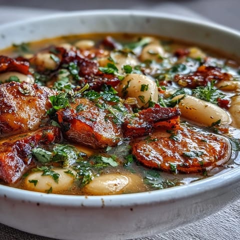 1. Schüssel mit herzhaftem Schinken- und Cannellini-Bohneneintopf, garniert mit frischer Petersilie und Parmesan, serviert mit knusprigem Brot.  