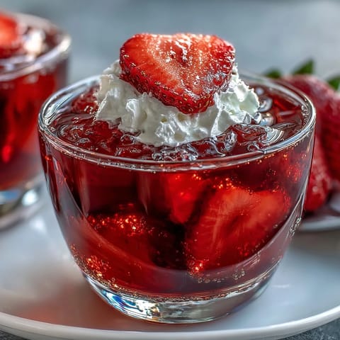 2. Festive Valentine Strawberry Champagne Jello Shots with a bubbly texture, garnished with whipped cream and golden sprinkles for a romantic touch.