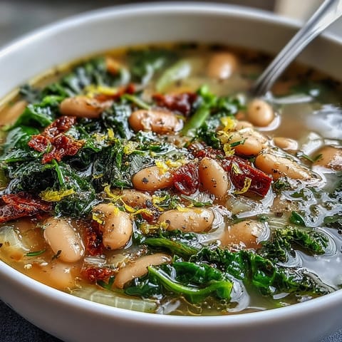 Herzhafte Tuscan White Bean Soup mit zarten Kale-Blättern und aromatischer Zitronenschale, perfekt für ein gemütliches Abendessen.  