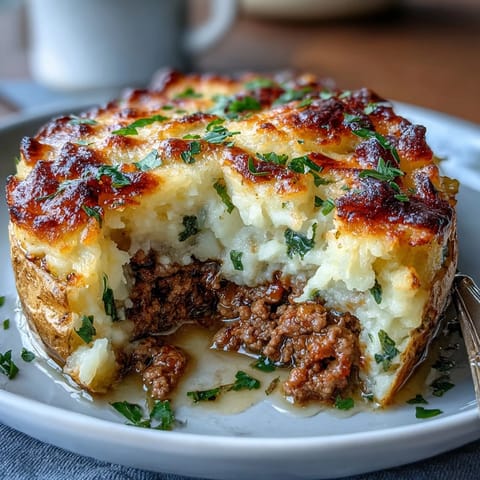 Super Simple Shepherds Pie Stuffed Baked Potatoes mit goldbrauner Kartoffelkruste und herzhafter Hackfleischfüllung.