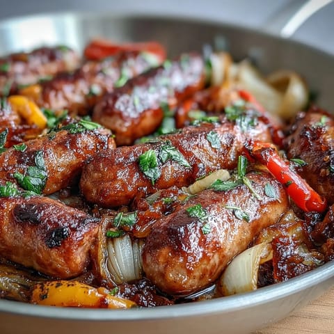 Saftige Würstchen mit buntem Paprika und Zwiebeln auf einem Backblech, goldbraun geröstet für ein einfaches Abendessen.
