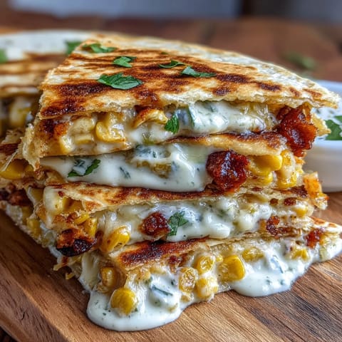 Cinco de Mayo Street Corn Quesadillas mit Chipotle-Crema – goldbraune, knusprige Tortillas gefüllt mit geröstetem Mais, schmelzendem Käse und rauchiger Chipotle-Sauce.