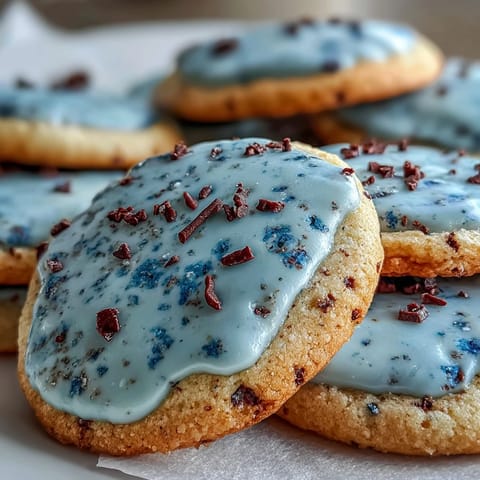 Zarte blaue Zuckerkekse mit Schokoladenflocken, inspiriert von Vogel-Eiern, perfekt für den Frühling.