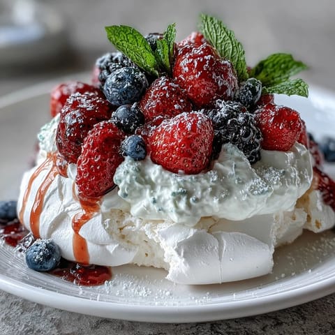 1. Eine luftige Pavlova mit knuspriger Außenseite, weichem Marshmallow-Inneren und frischen Beeren sowie Sahne.