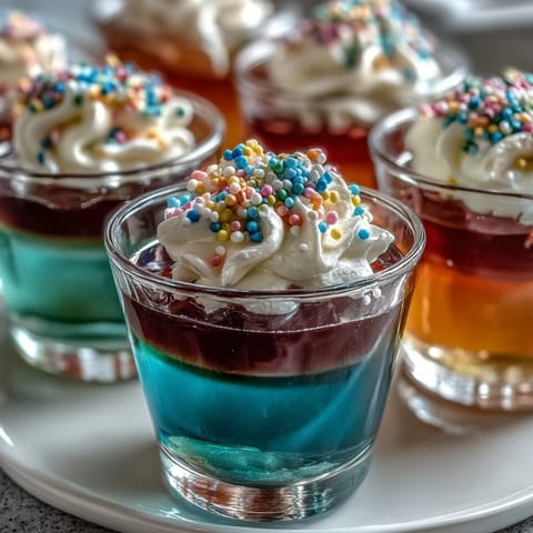 Bunte Regenbogen-Gelatine-Tassen mit cremiger Haube und bunten Streuseln.