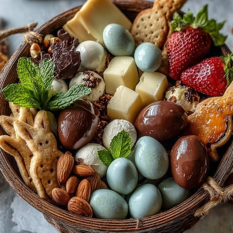 Festliches Frühlings-Brett mit Mini-Osterkörben, gefüllt mit Käse, Früchten und süßen Leckereien.