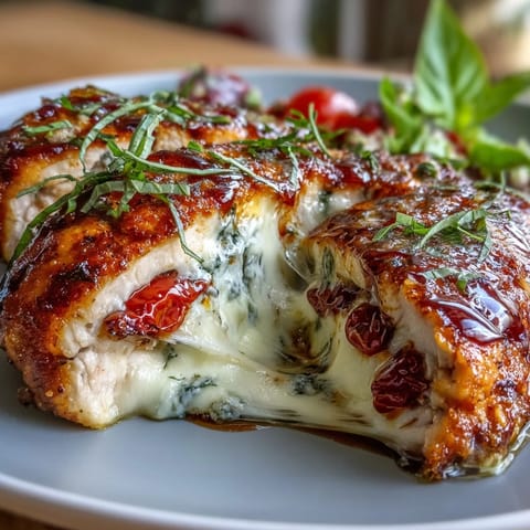 Caprese-gefüllte Hähnchenbrust: saftig, geschmolzener Mozzarella, Tomaten und Basilikum.