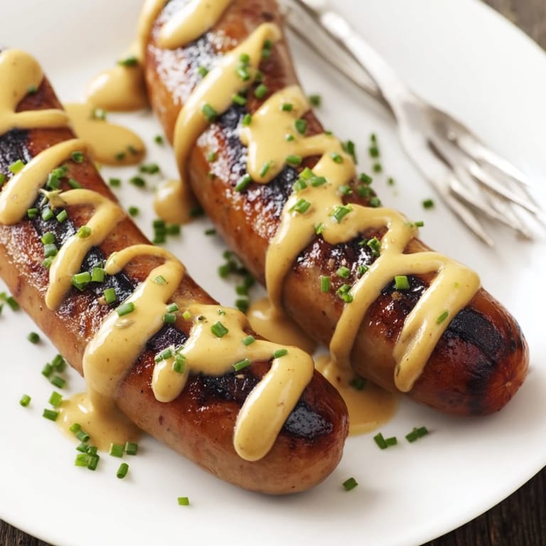 Grillierte Bratwurst mit einer würzigen Senfsauce, ideal für gesellige Abende.  