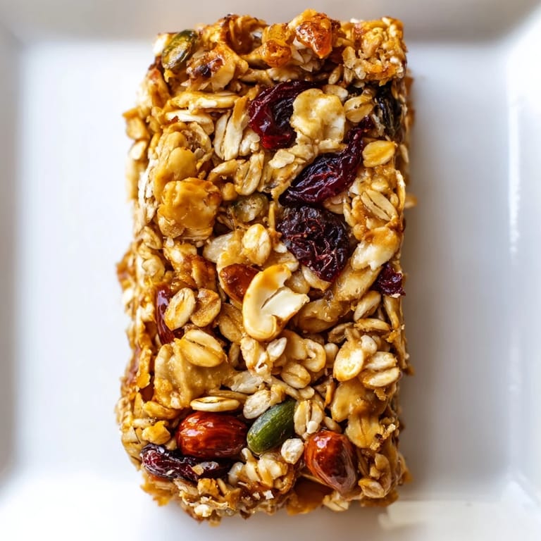 A close-up of delicious Homemade Oat & Honey Granola Bars, showing the texture of oats, nuts, and dried fruit.