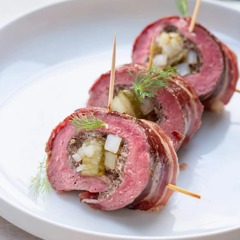 Appealing appetizer, mini Rouladen, beautifully arranged with their filling in view after cooking.