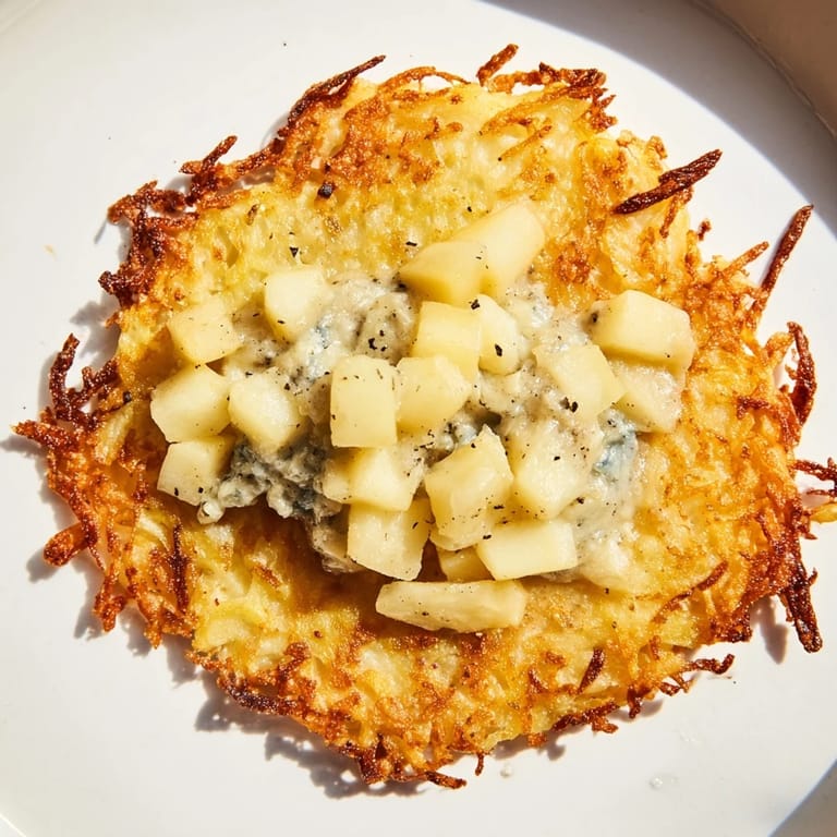 A close-up of crispy Budget Potato Pancakes served with sweet and tangy Gorgonzola-apple compote.