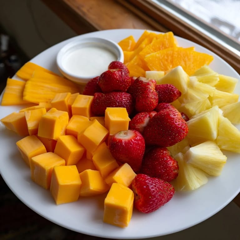 A colorful Sunshine Snack Tray featuring fresh fruits, vegetables, cheeses, and dips, ready to serve.