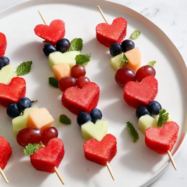 Beautifully arranged Berry Good Heart Fruit Skewers, perfect for a party, alongside fresh mint leaves.