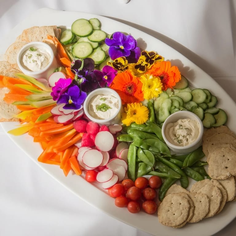 Beautifully arranged Fairy Garden Platter showcases edible flowers with fresh veggies and delicious dips.