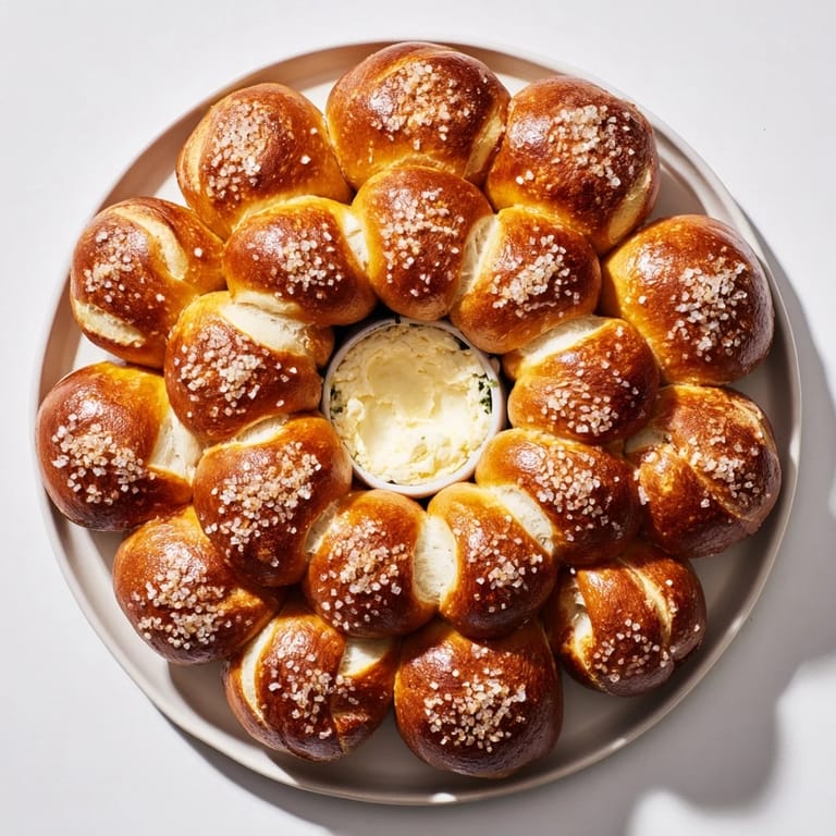 A close-up shot of a warm, inviting pretzel wreath dip ring, ready to be enjoyed.