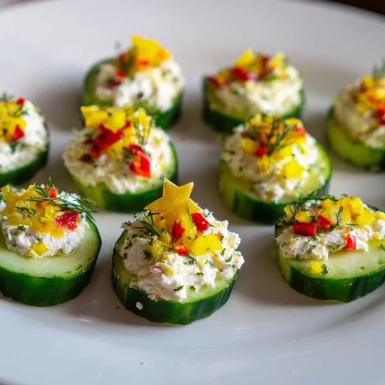 Freshly made Holiday Star Cucumber Bites, perfect party appetizers with creamy cream cheese and colorful garnishes.