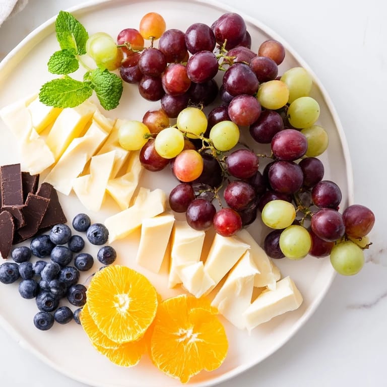 Vibrant Grapes of Fortune Dessert Board with cheese, chocolate, and cookies for a New Year's treat.