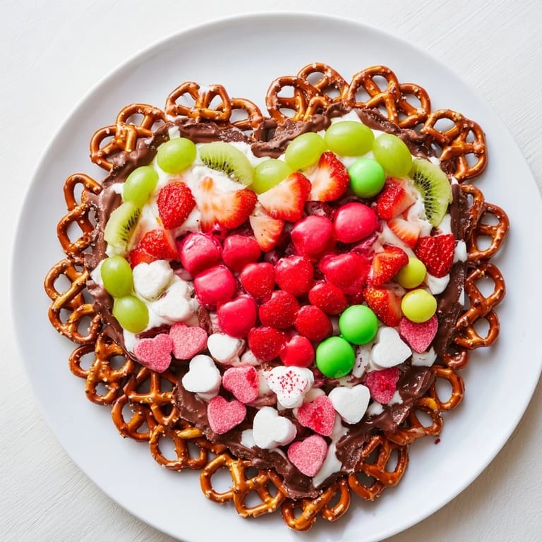 Sweet and salty The Grinch's Heart Pretzel Board features pretzels, grapes, and heart-shaped treats for everyone.