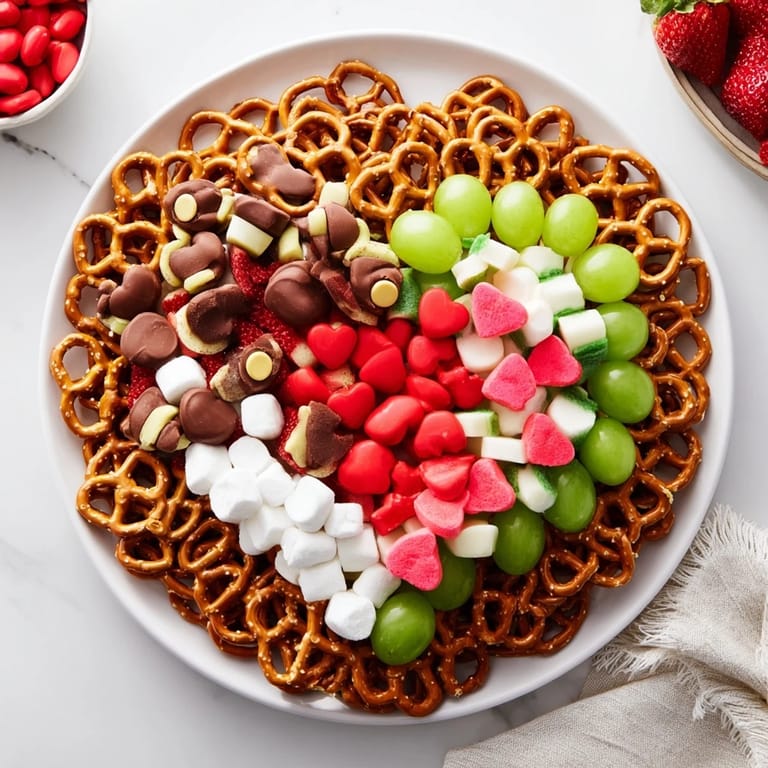 Delicious The Grinch's Heart Pretzel Board, arranged with pretzels and fruit, perfect for a kids' party delight.