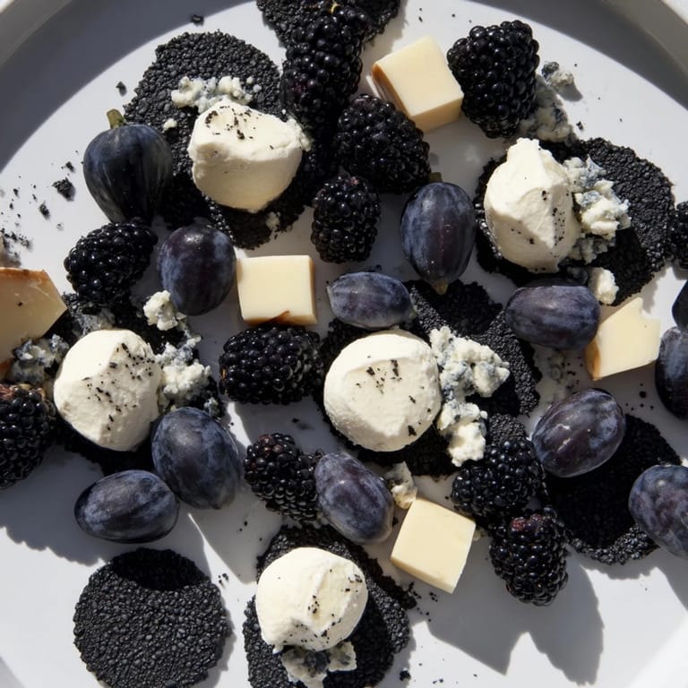 A Deep Indigo Midnight Sky cheese board, black fruits and creamy cheese mimic stars perfectly.