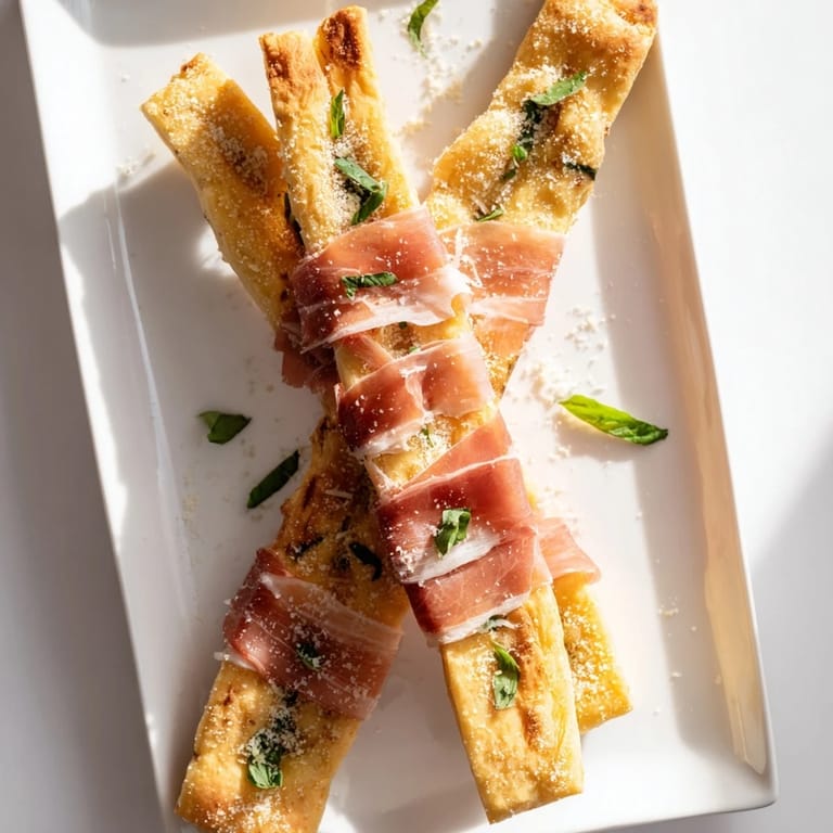 Deftige Prosciutto-Brücken auf knusprigen Brotstangen – ein köstlicher Snack, perfekt für deine Party.