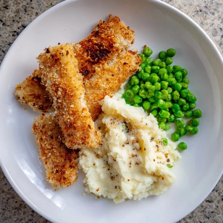 Family-friendly oven fish sticks, served with mashed potatoes and peas; a delicious dinner.