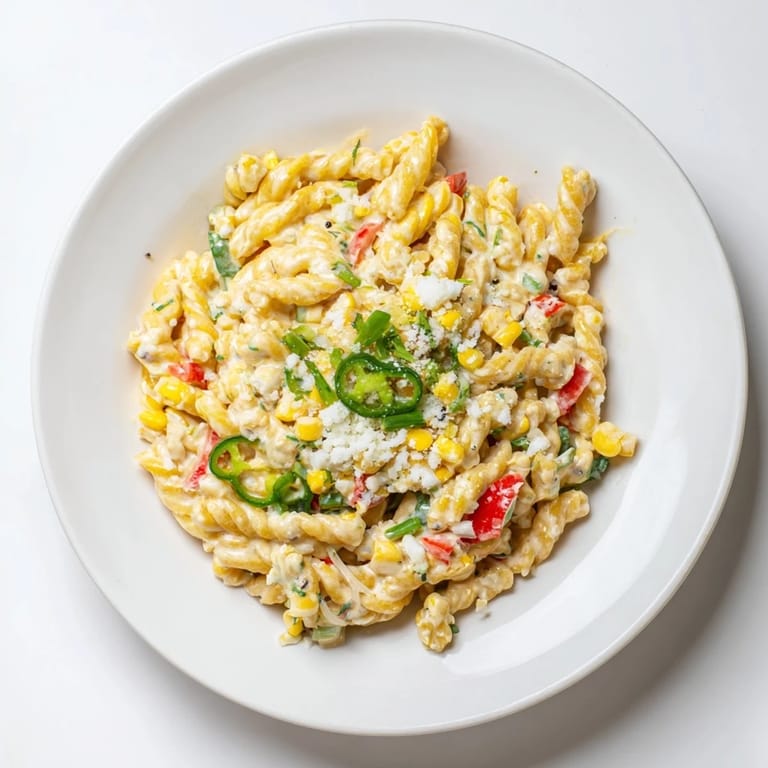 A close-up of steaming One-Pot Mexican Street Corn Pasta, showcasing the creamy sauce and cotija cheese.