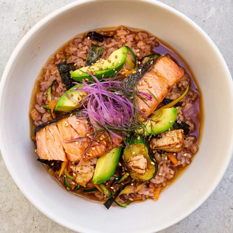 A close-up of a Japanese-Style Salmon & Chicken Rice Bowl, with colorful vegetables and fluffy rice.