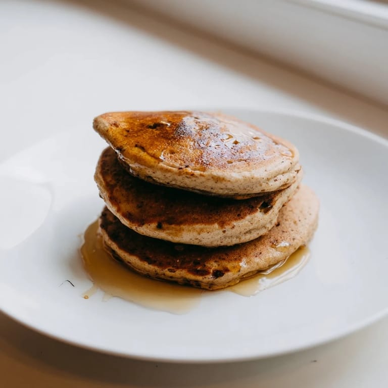 Stack of warm protein banana pancakes, drizzled with syrup and topped with fresh berries.