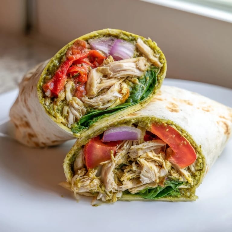 Vibrant Pesto Chicken Wrap, filled with savory chicken, mozzarella, fresh tomatoes, and crisp spinach.