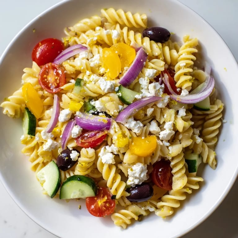 A bowl of delicious lemon pasta salad, perfect for a summer picnic or easy lunch.