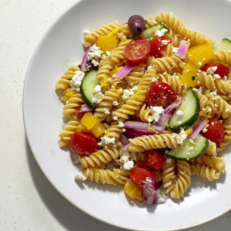 Close-up of a refreshing lemon pasta salad, with bright tomatoes and a zesty dressing.