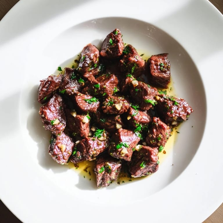 Delicious Air-Fryer Garlic-Butter Steak Bites, showcasing juicy, tender meat with a garlic-herb butter coating.