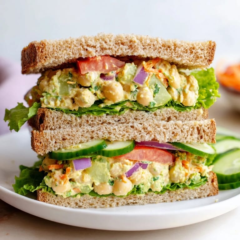 A close-up of a delicious Easy Chickpea Salad Sandwich, ready to eat for a quick lunch.