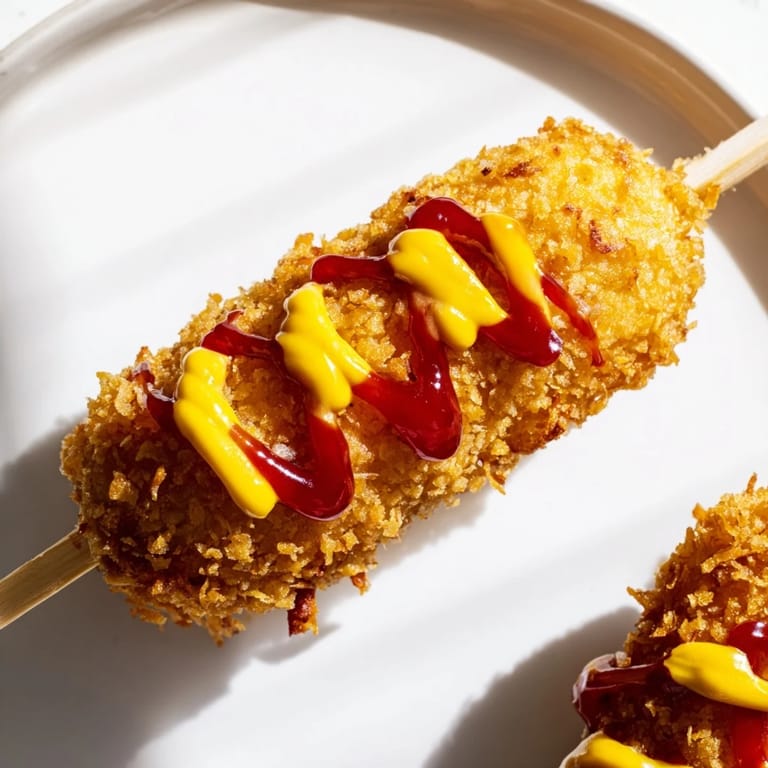 Close-up of freshly fried Korean-inspired corn dogs: A delightful, savory snack perfect for any occasion.