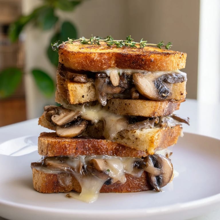 This creamy mushroom grilled cheese features crusty bread, golden-brown and bubbling with Swiss cheese and mushrooms.