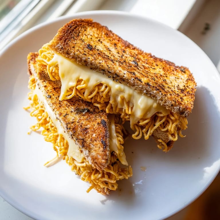 Golden-brown Ramen Grilled Cheese, a unique fusion of comfort food for a satisfying lunch.