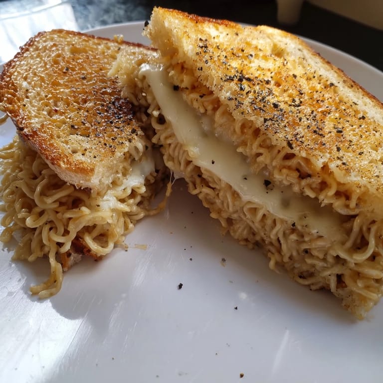 Enjoy the gooey cheese pull of this inventive Ramen Grilled Cheese, perfect for snacking.