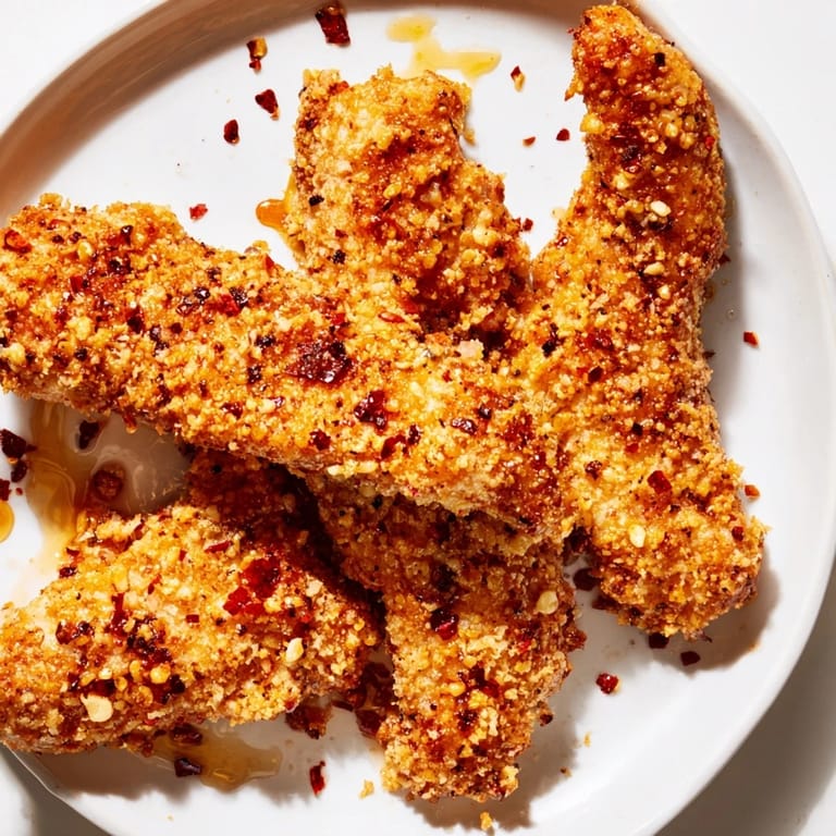 Golden brown crispy panko chicken tenders, drizzled with hot honey, for a perfect sweet and spicy bite.