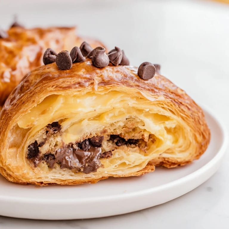 Freshly baked Viral Crookies, layered with buttery pastry and chocolate chips, ready to be enjoyed.