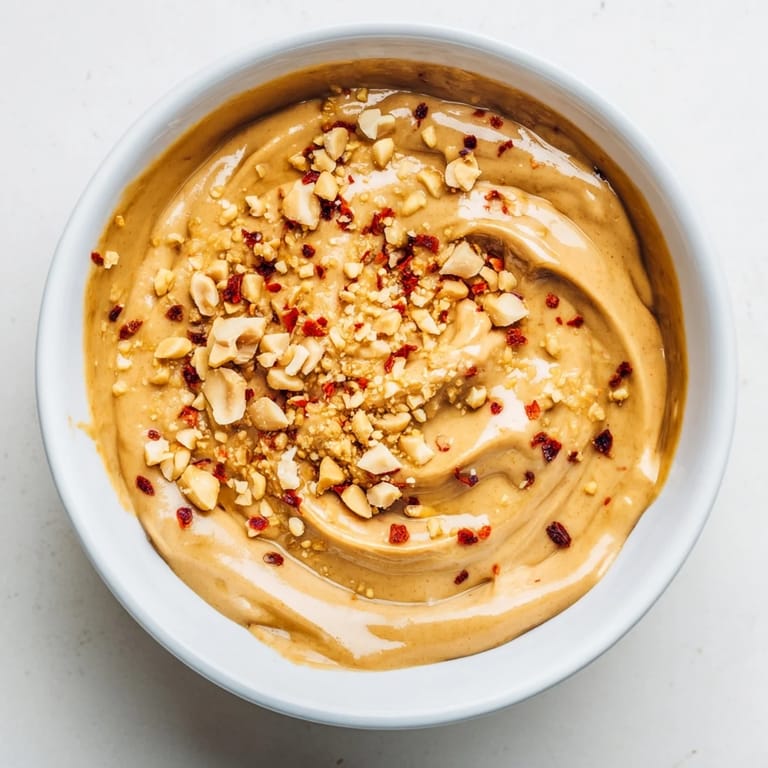 A close-up of vibrant Indonesian satay sauce, rich with peanut butter and coconut milk.