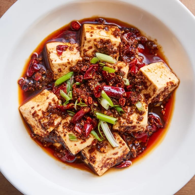 Close-up of bubbling Chinese Mapo Tofu: Silky tofu coated in spicy bean sauce ready to eat.
