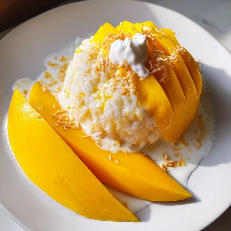 A vibrant photo shows creamy Thai mango sticky rice, perfect for a refreshing dessert served.