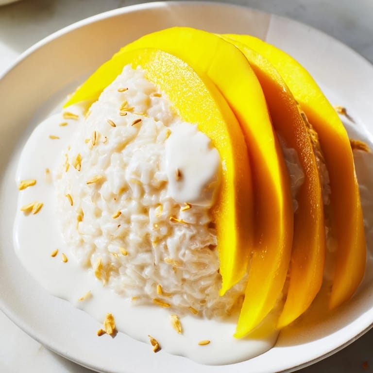 Close-up of freshly made Thai mango sticky rice featuring sweet mango and toasted seeds.