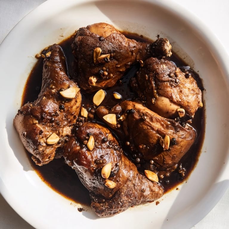 A close-up of Filipino Chicken Adobo, showcasing the glistening chicken and savory sauce, perfect meal.