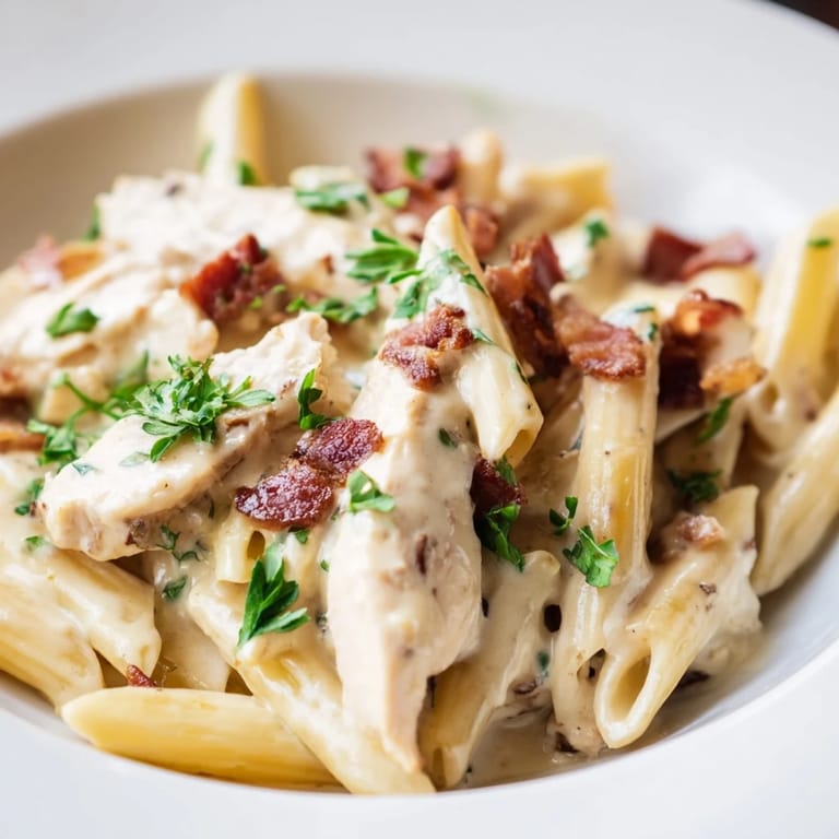 Hähnchen-Bacon-Penne in cremiger Sauce: Goldbraunes Hähnchen und knuspriger Bacon vereint mit Penne in einer würzigen Parmesan-Sahne-Base – perfekt für ein gemütliches Abendessen.
