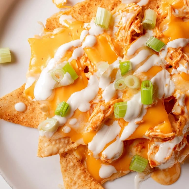 Buffalo Chicken Nachos piled high with spicy shredded chicken, crunchy tortilla chips, and fresh green onion garnish for game day.