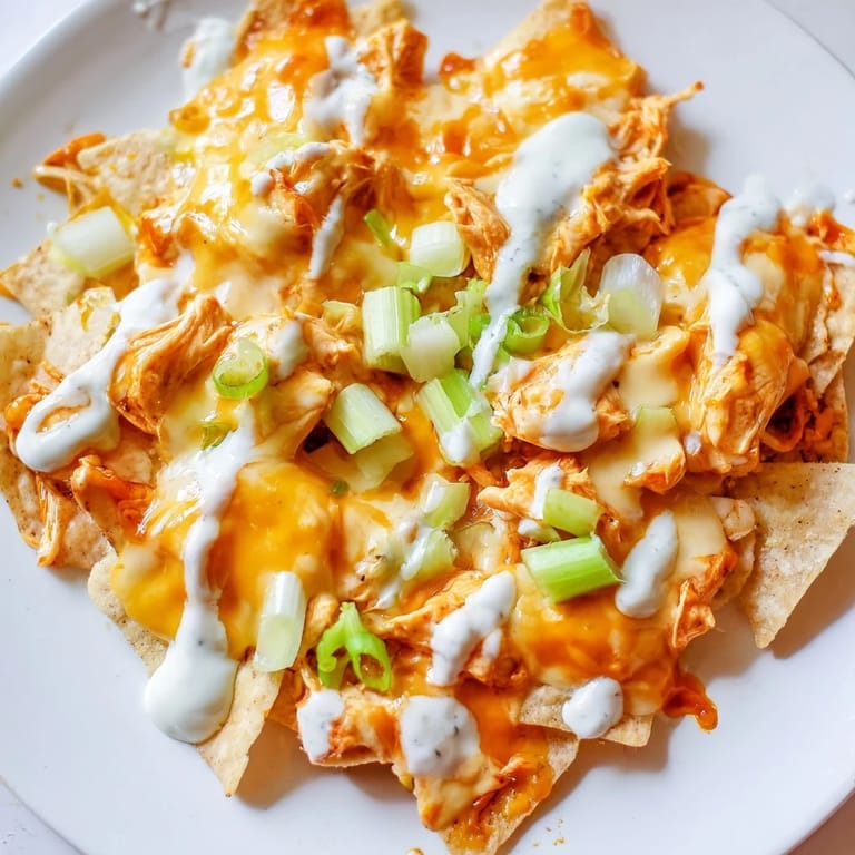 Hot Buffalo Chicken Nachos topped with celery and tomatoes, drizzled with ranch and ideal for a casual snack spread.