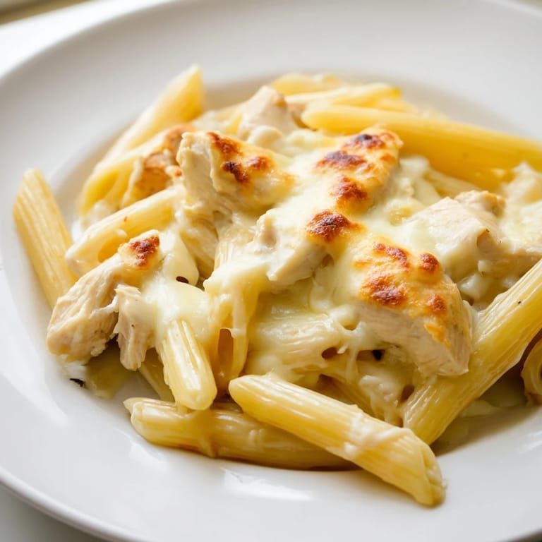 Makelloses Chicken Alfredo Casserole mit glänzender Käsekruste und spiralförmigen Penne für ein urgemütliches Abendessen.